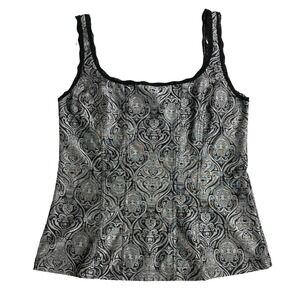 White House Black Market Tank Top Womens M Silver Black Damask Lace Trim Goth